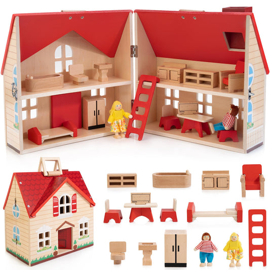 WOODMAM Foldable Wooden Dollhouse with Furniture for Pretend Play
