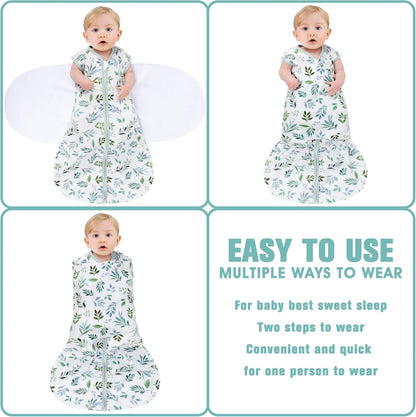 Newborn Sleep Sack Baby Swaddle,Swaddle me 6-12 Month,3-Way Adjustable Wearable Blanket,100% Rayon Cotton Swaddling Sleeping Bag，TOG 0.5 (Leaf, 6-12 Months)