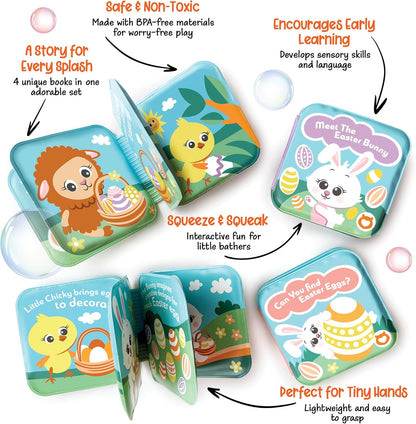 Easter Bath Book Set for Babies & Toddlers – 4 Colorful, Soft, and Waterproof Bath Books with Bunny & Animal Friends – Fun Bath Toys & Basket Stuffers – Perfect for Easter & Baby Showers