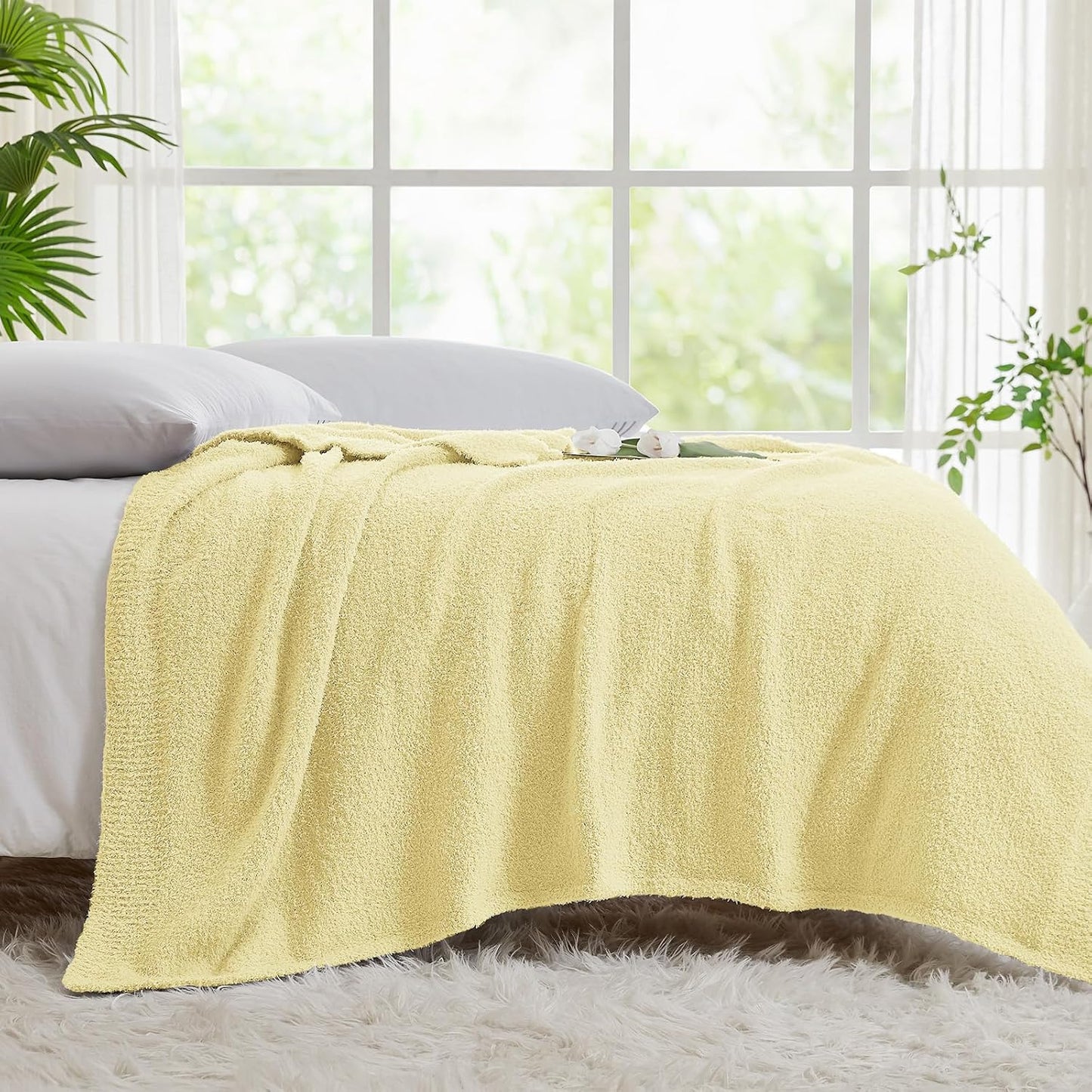 CYMULA Knit Throw Blanket for Couch Yellow - Super Soft Lightweight Plush Fuzzy Fluffy Cozy