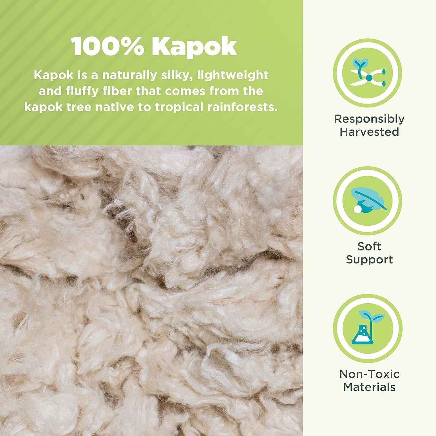 Bean Products Queen Organic Kapok Pillow + Natural Org Case - 20" x 30" - Organic Cotton Zippered Shell - Made in USA