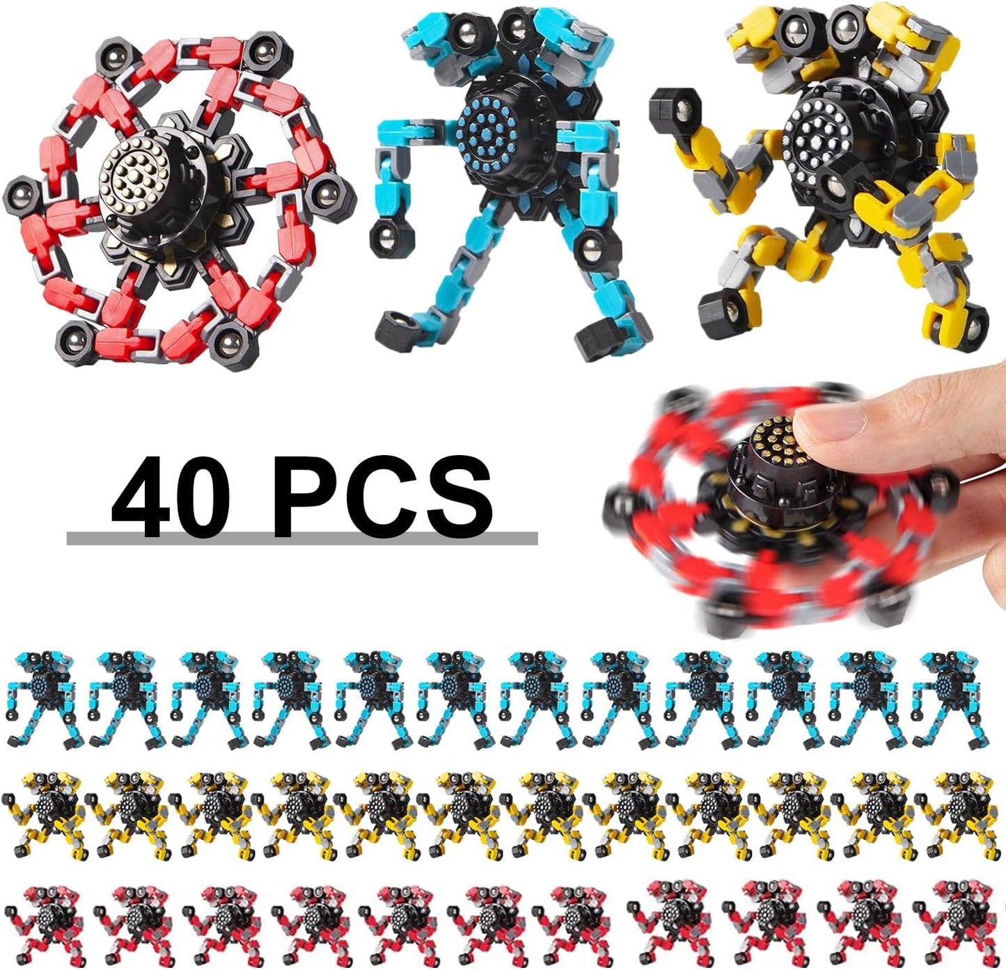 40 Pcs Deformable Robot Fidget Spinners - Transformable Fingertip Toys for Classroom Prizes, Christmas, Valentine Gifts - Goodie Bag, Stocking, Easter Basket Stuffers for Kids