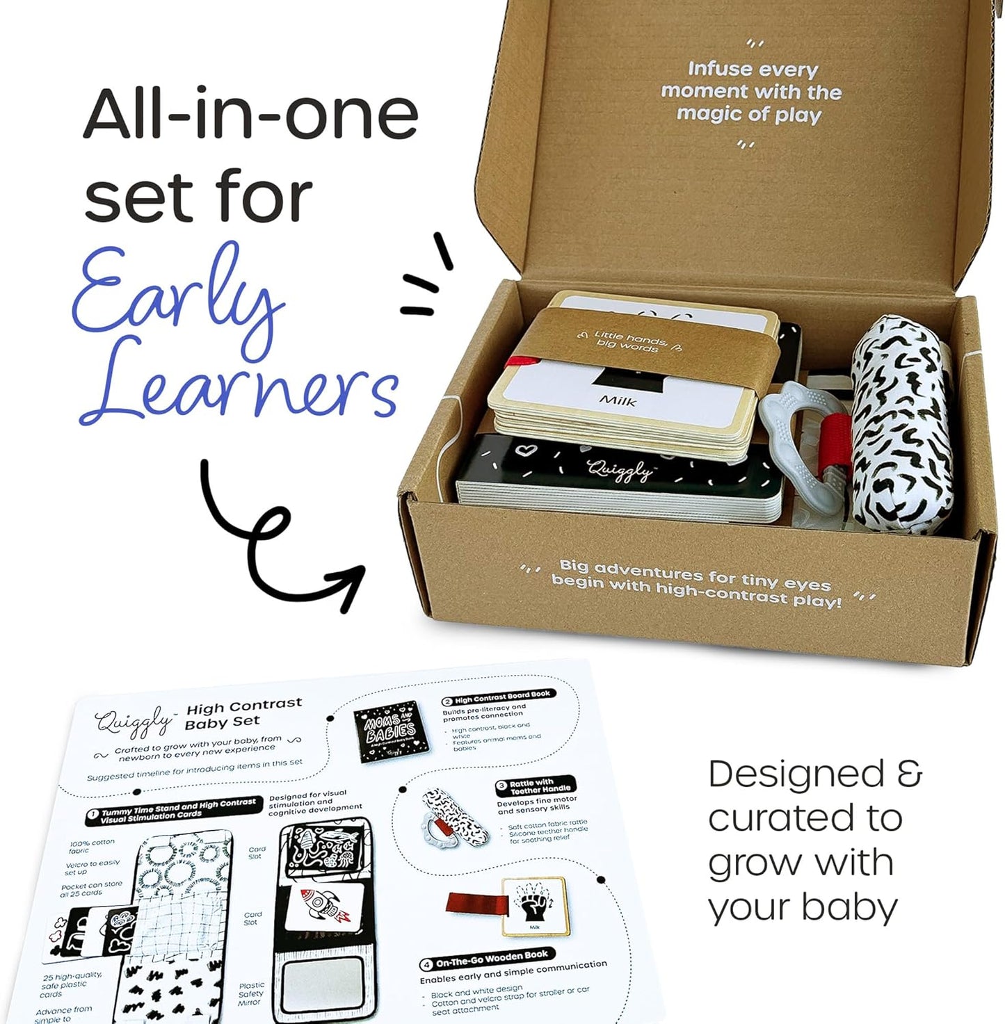 Quiggly High Contrast Baby Toy Set - Black and White Newborn Sensory Toys - Tummy Time Mirror, 25 Visual Stimulation Cards & Board Book - Infant Play Kit for Newborns 0-3 Months (Standard)