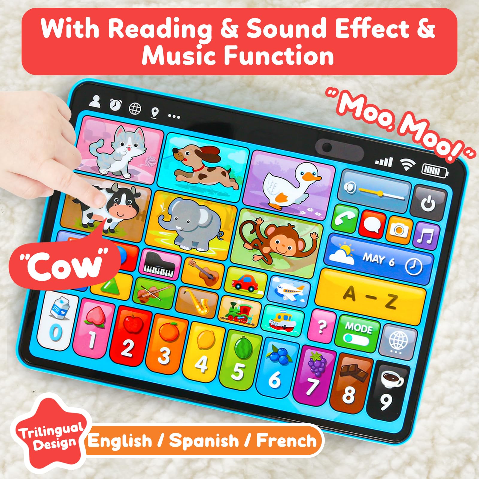 Peacurh Trilingual Learning Toy Tablet with Music & Sound, Montessori Speech Musical Therapy Toys