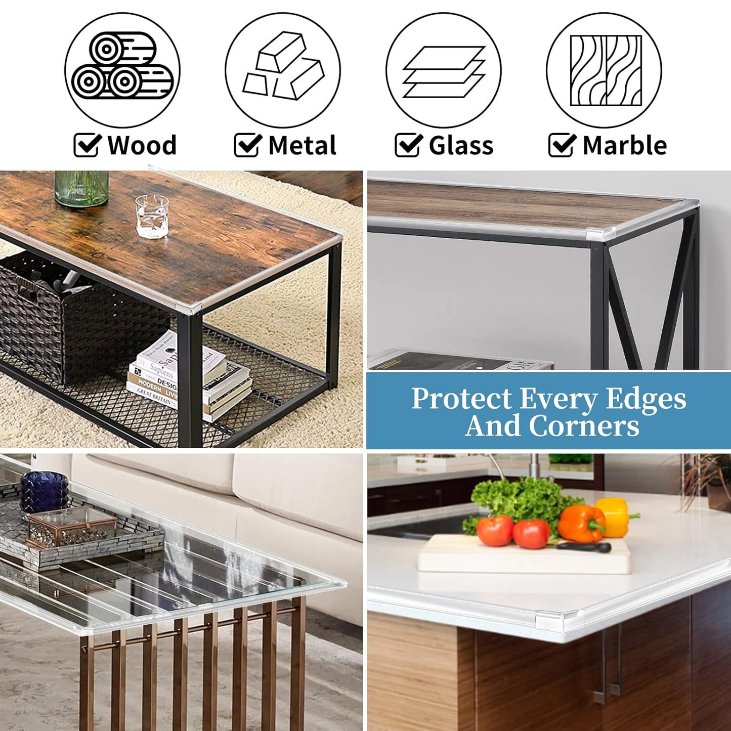 Edge Protector Baby Proofing Corner Protectors Silicone Desk Edge Cushion Child Safety Edge Covers Bumper for Table, Cabinets, Crib, 13ft x 1.2 Inch Edge Protector Strip with 4 Pack Corner Guards