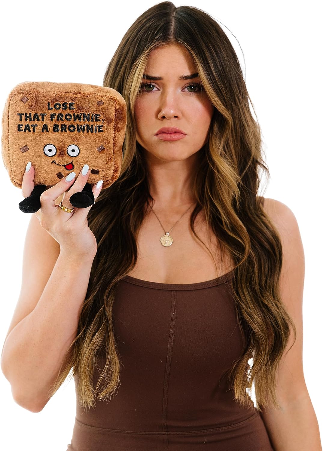 Brownie Foodie Plushie, Funny Pun Meme Gag Gift, White Elephant, Stocking Stuffer Present, Great for Emotional Support, Fun Desk Accessory, Weighted Base for Display