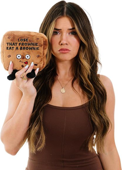 Brownie Foodie Plushie, Funny Pun Meme Gag Gift, White Elephant, Stocking Stuffer Present, Great for Emotional Support, Fun Desk Accessory, Weighted Base for Display