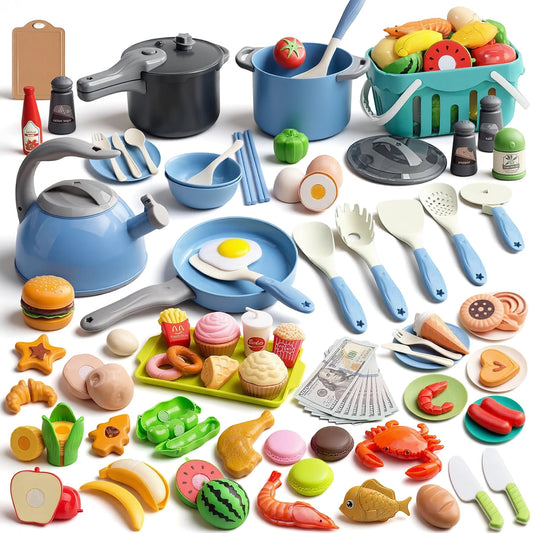130Pcs Kitchen Playset, Toddler Pretend Cooking Play Pots, Pans, Utensils Cookware, Daily Food