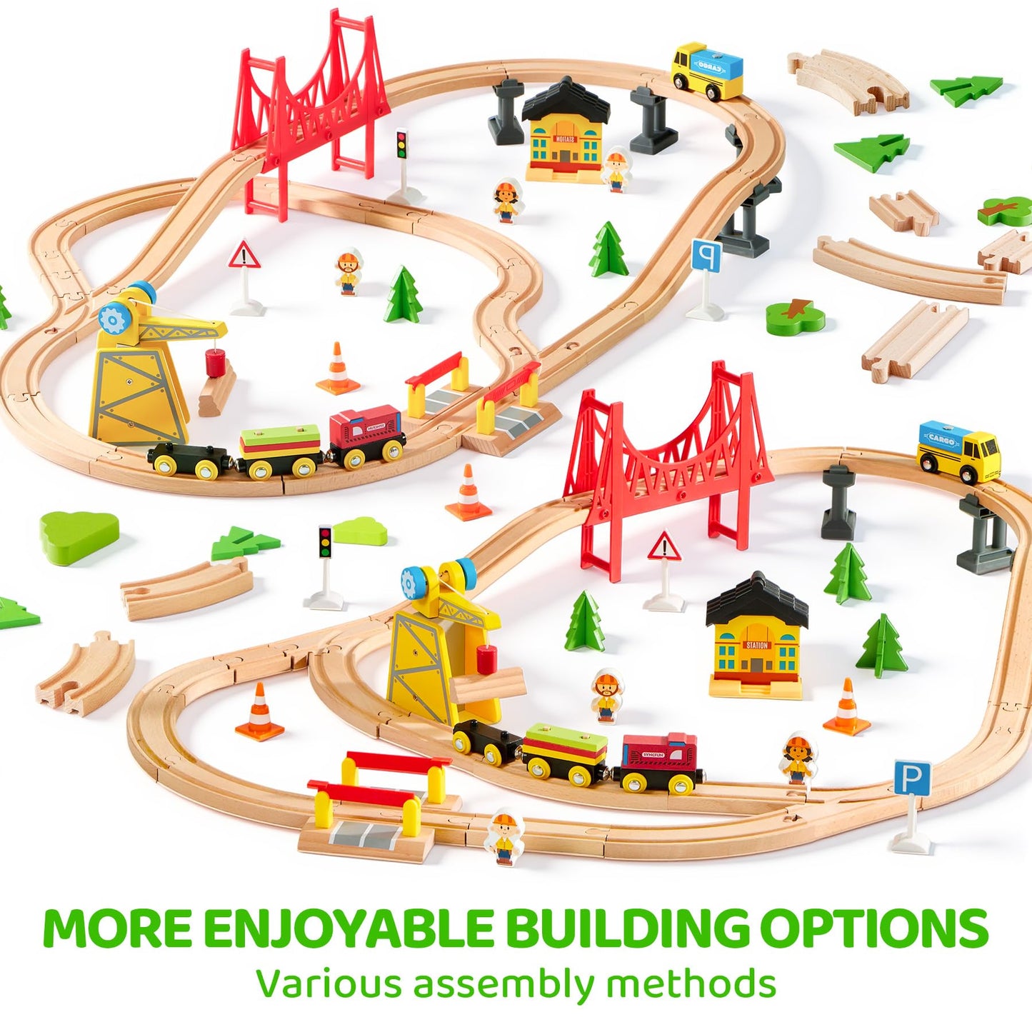 60PCS Wooden Train Set - Toy Magnetic Trains with Wooden Track Set for Kids Ages 3-8, Construction