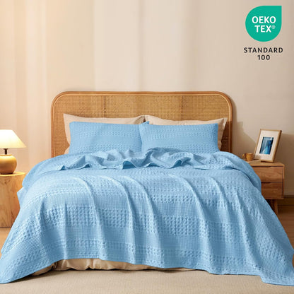 PHF 100% Cotton Waffle Weave Blanket Queen Size, Soft Lightweight Breathable Cozy Summer Blankets for Bed, Luxury Aesthetic Woven Bedding for Home Decor, 90"x90", Sky Blue