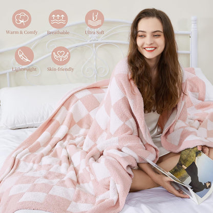 SeaRoomy Checkered Throw Blanket, Soft Fluffy Fuzzy Blanket Reversible Checkerboard Pink Throw
