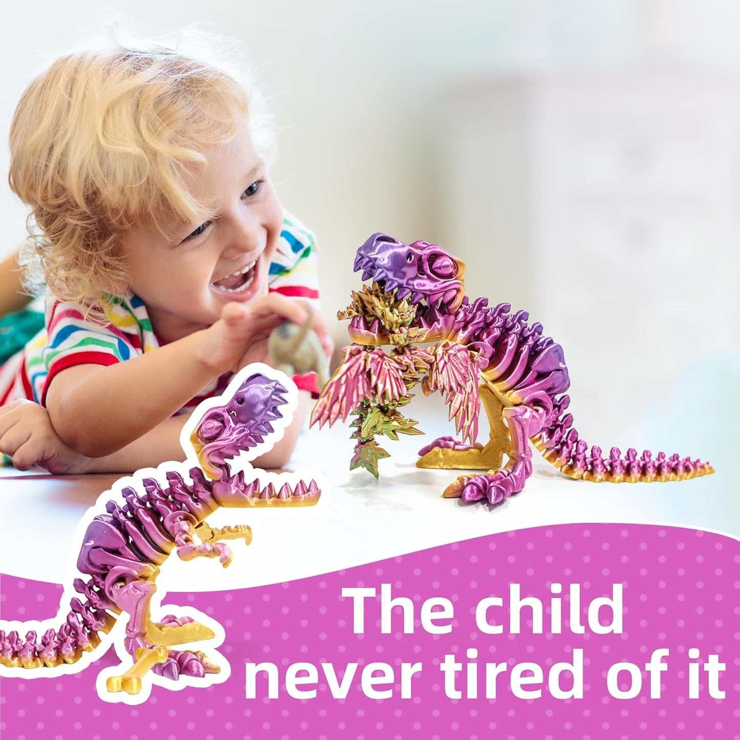 Flavery 3D Printed Dinosaur with Bones - 10 inch 3D Printed Dragon Fidget Toys, Flexible T-Rex Skeleton with Bones, Birthday Gift, Desk Executive Toy- (Rainbow)