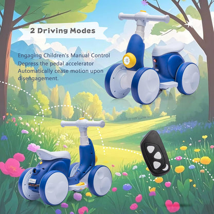 6V Electric Baby Balance Bike for 1 Year Old Boys Girls Ride on Toys 12-48 Month Toddler Balance Bike, 4 Wheels Kids First Bike with Remote Control First Birthday Gifts- Blue