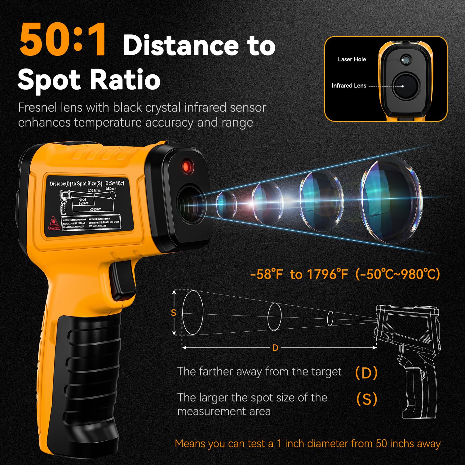 50:1 Infrared Thermometer -58F to 1796F, Laser Temp Gun with Thermocouple Probe for Pizza Oven