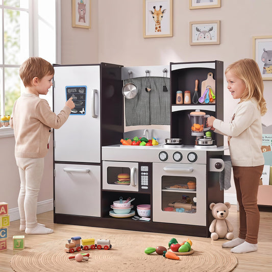 Costzon Kids Play Kitchen, Wooden Kids Kitchen Playset w/Realistic Sound, Microwave, Oven
