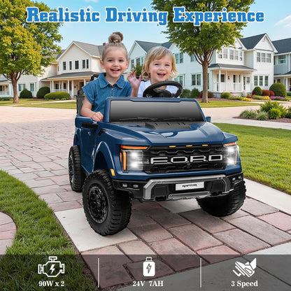 24V Ride on Car Licensed Ford F-150 Raptor, Kids Electric Car with Remote Control, LED Light/Music/MP3, Truck Bed Storage, 3-Point Seat Belt (24V, Blue)