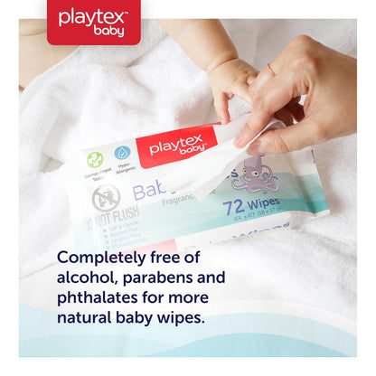 Playtex Baby Wipes, Fragrance Free, 72 Ct, 3-Pack, Dermatologist Tested Soft and Gentle Baby Face and Hand Wipes, pH Balanced, Hypoallergenic, Free of Alcohol, Parabens and Phthalates