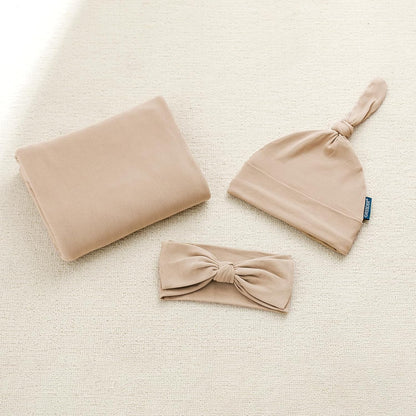 GRSSDER Newborn Swaddle Blanket, Ultra Soft Jersey Receiving Blanket with Matching Headband and Beanie Set 33×44", Stretchy Baby Neutral Swaddle Wrap for Girls and Boys