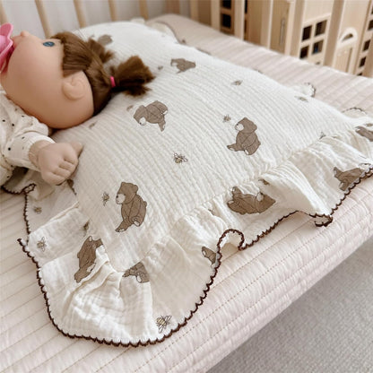 BuLuTu Cartoon Bear Muslin Pillowcase for Boys Girls Cute Animal Print Toddler Pillow Cases Soft Breathable Cotton Crib Cradle Pillow Cover for Kids Nursery Bedding,1 Piece, 14"x20"