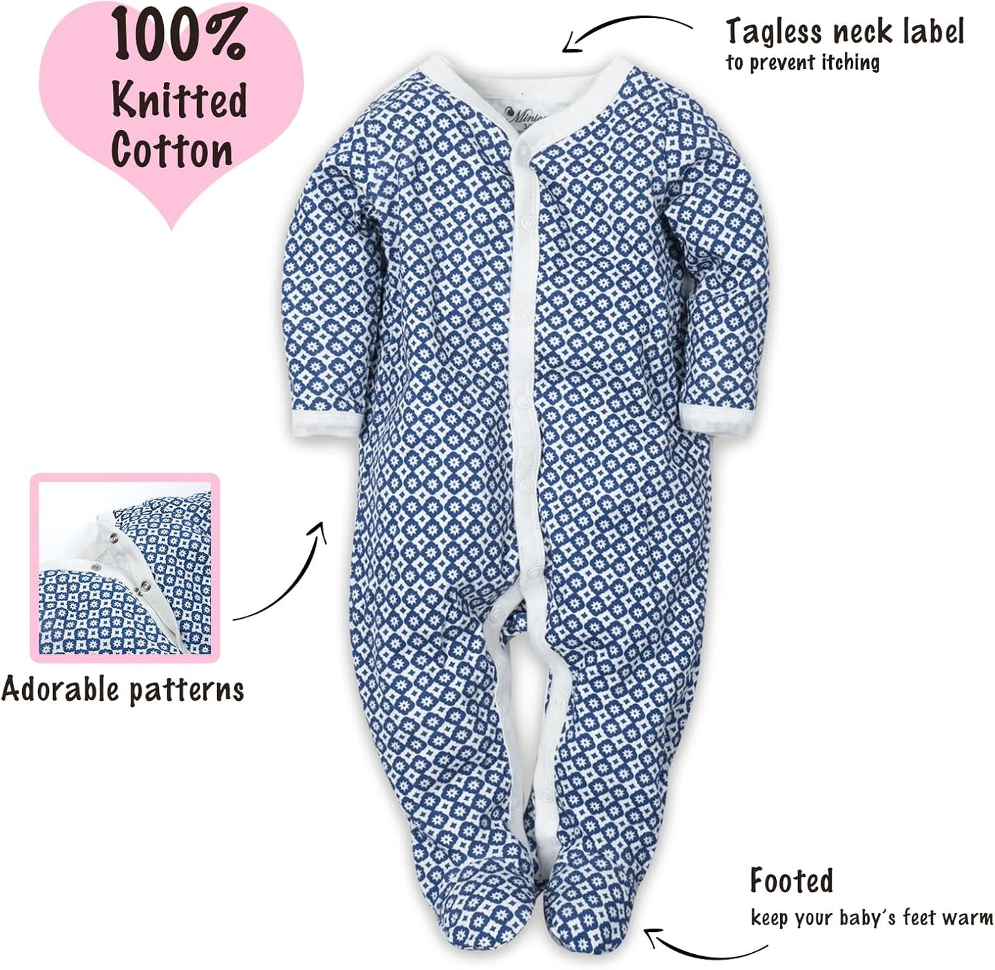 Baby Boys Girls Cotton Footies Multi Pack Long Sleeve Baby Footed One-Piece Jumpsuit Multi Pack