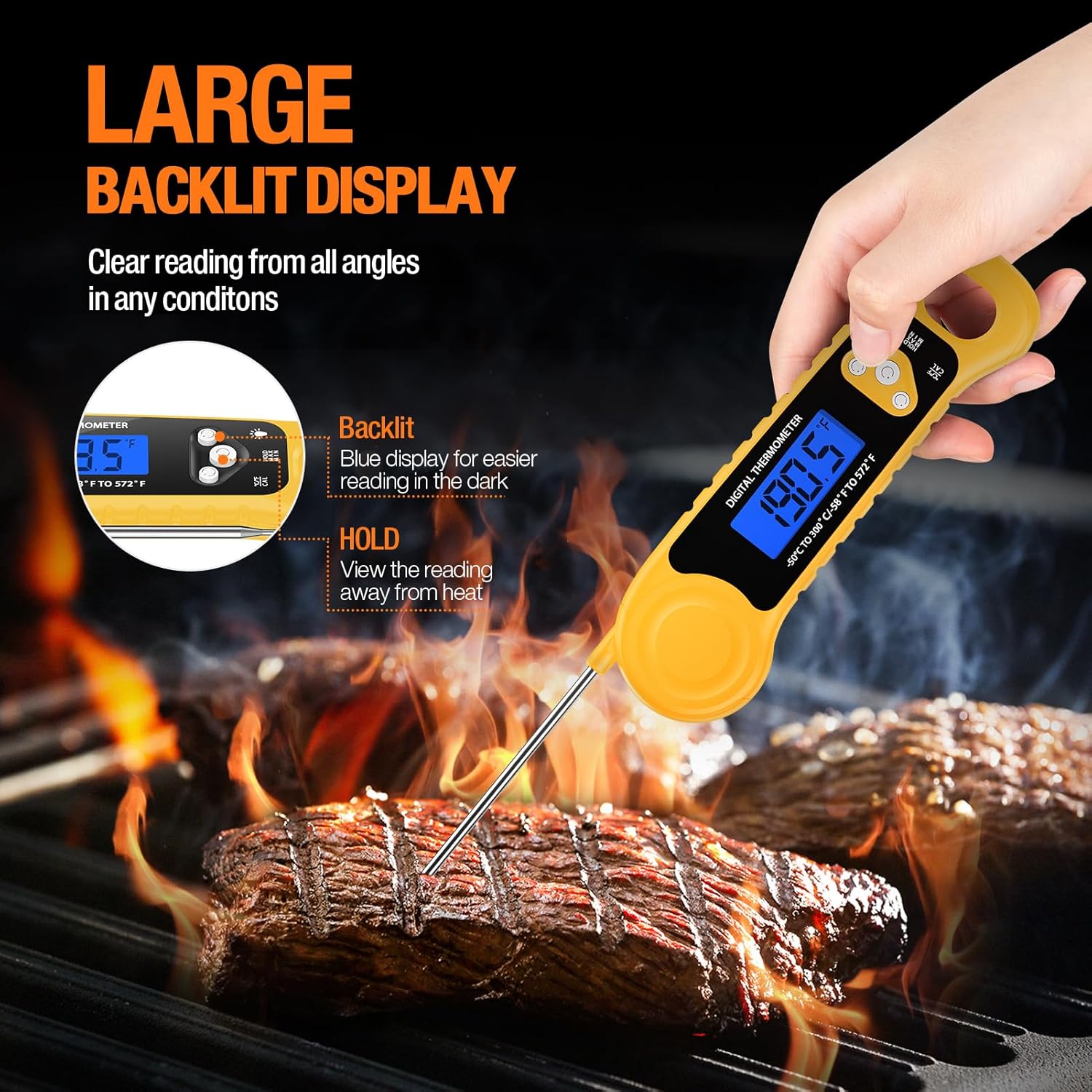 Meat Thermometer Digital, Instant Read Food Thermometer Waterproof with Backlight for Cooking, Deep