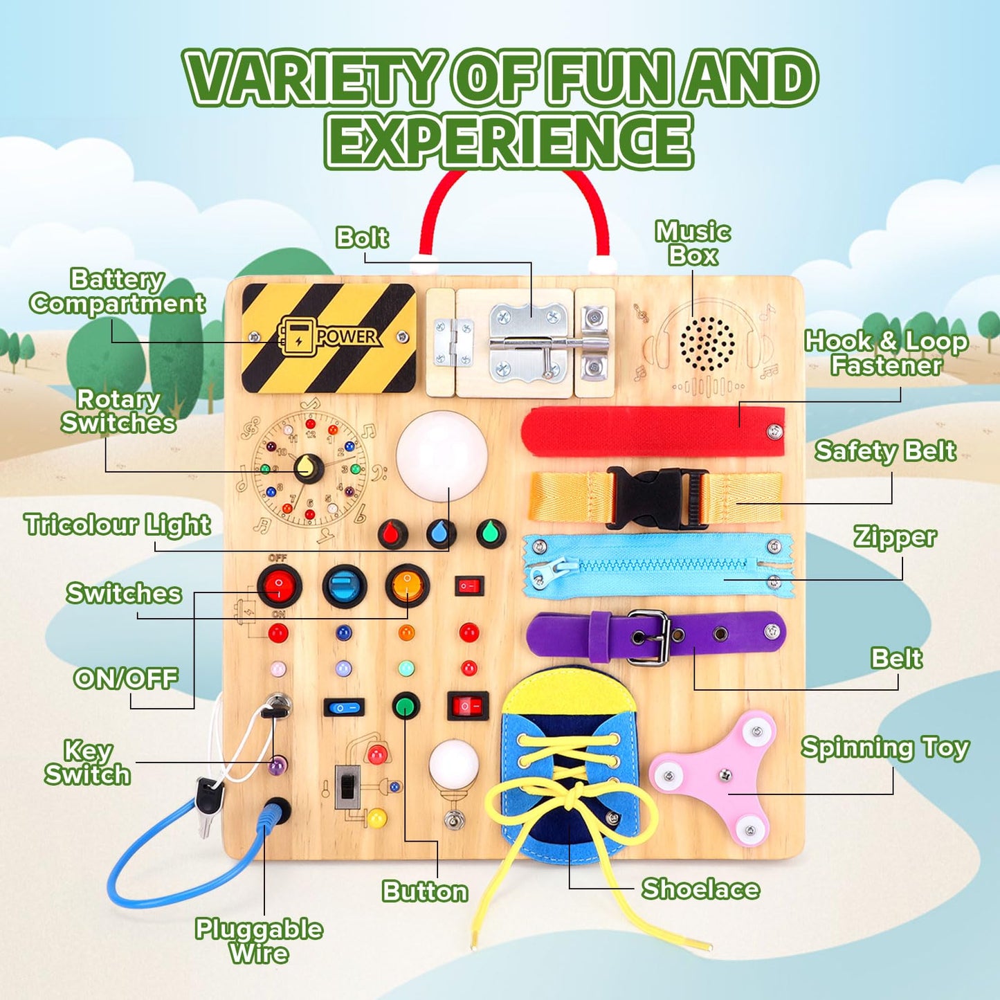 23-in-1 Montessori Busy Board with LED Lights Educational Wooden Activity Toy for Toddlers Ages