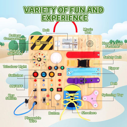 23-in-1 Montessori Busy Board with LED Lights Educational Wooden Activity Toy for Toddlers Ages