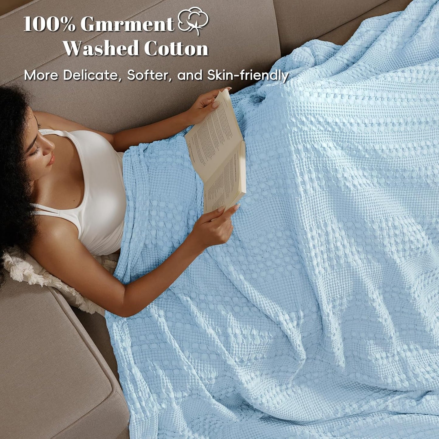 PHF 100% Cotton Waffle Weave Blanket King Size, Soft Lightweight Breathable Cozy Summer Blankets for Bed, Luxury Aesthetic Woven Bedding for Home Decor, 108"x90", Baby Blue