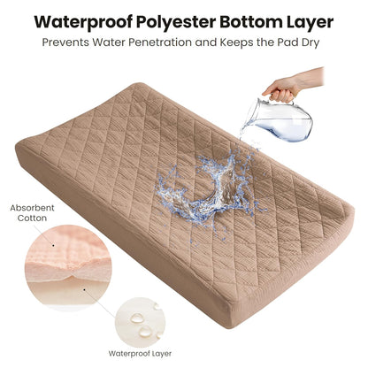 Konssy Waterproof Muslin Changing Pad Cover 2 Pack, Quilted Cotton Fitted Diaper Changing Table Cover, Soft Changing Pad Sheets for Girls Boys (Brown, Cream)
