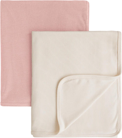 Konssy Knit Baby Blanket 2 Pack, Soft Ribbed Swaddle Receiving Blankets for Boys & Girls