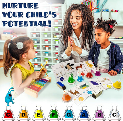 MINIARTIS Desk Bells for Kids | Educational Music Toys for Toddlers 8 Notes Colorful Hand Bells Set | Kids Musical Instrument with 15 Songbook | Great Birthday Gift for Children
