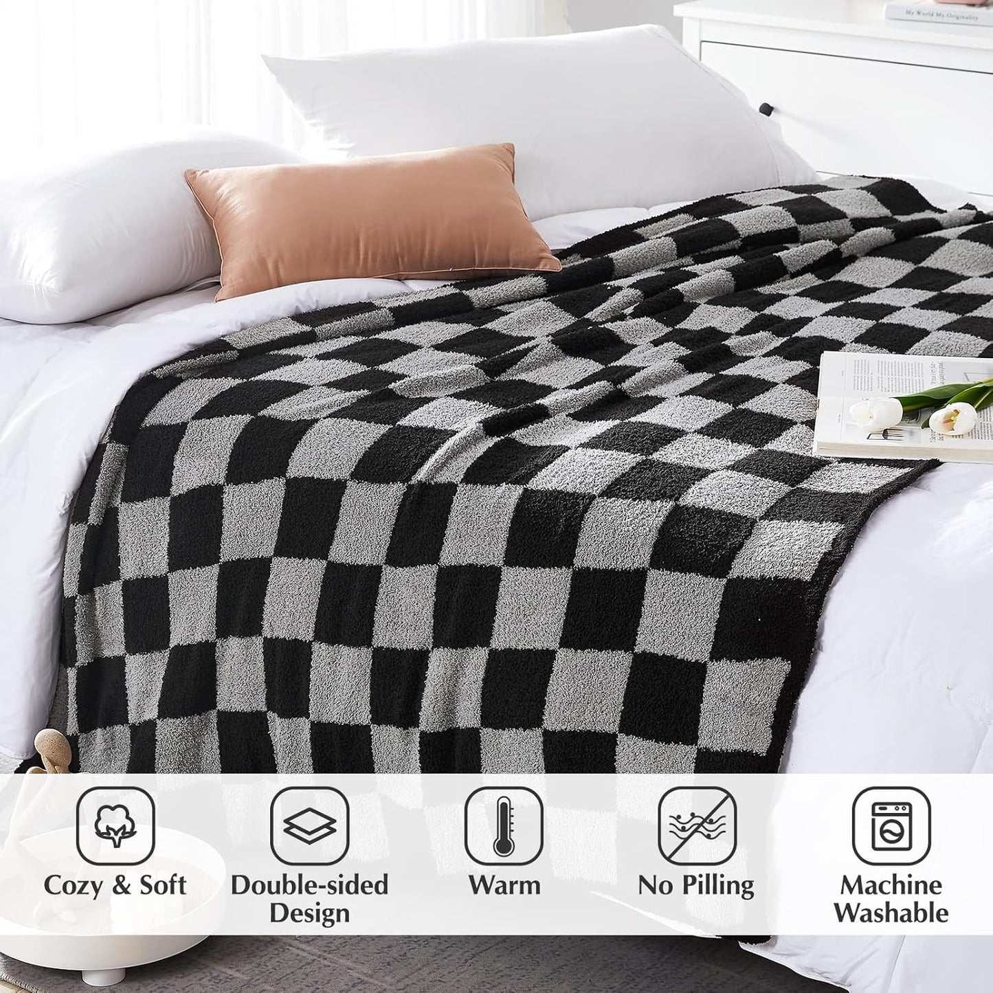 WRENSONGE Checkered Throw Blanket, Black Grey Checkered Soft Cozy Fluffy Warm Hand Made Weave Throw