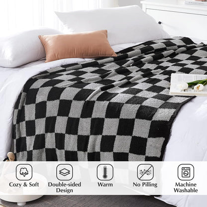 WRENSONGE Checkered Throw Blanket, Black Grey Checkered Soft Cozy Fluffy Warm Hand Made Weave Throw