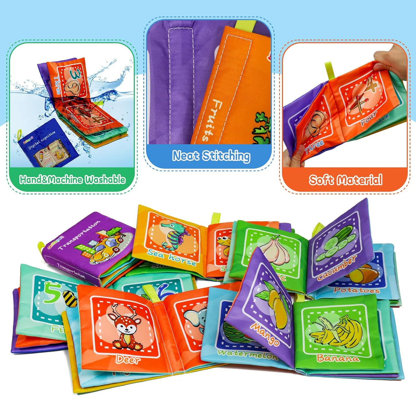 Dr.Rapeti Soft Cloth Books Baby Books Bath Books 6-Pack for Baby Infant Toddler Kids Crinkle Squeaky Washable Chewable Non-Toxic Early Educational Giftable