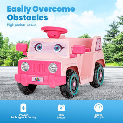 6V Toddler Ride-On Car with Horn LED Front Light Rear Storage and Eyes Theme – Fun & Safe Electric Car for Boys & Girls 18+ Months – Perfect for Little Explorers(Pink Eyes)