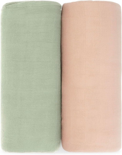 Comfy Cubs Muslin Swaddle Blankets Pack of 2 - 47 x 47 Inch Soft Cotton Baby Blanket Set, Large Multipurpose Wraps for Newborns - Self-Soothing Swaddles for Newborns - Sage & Blush