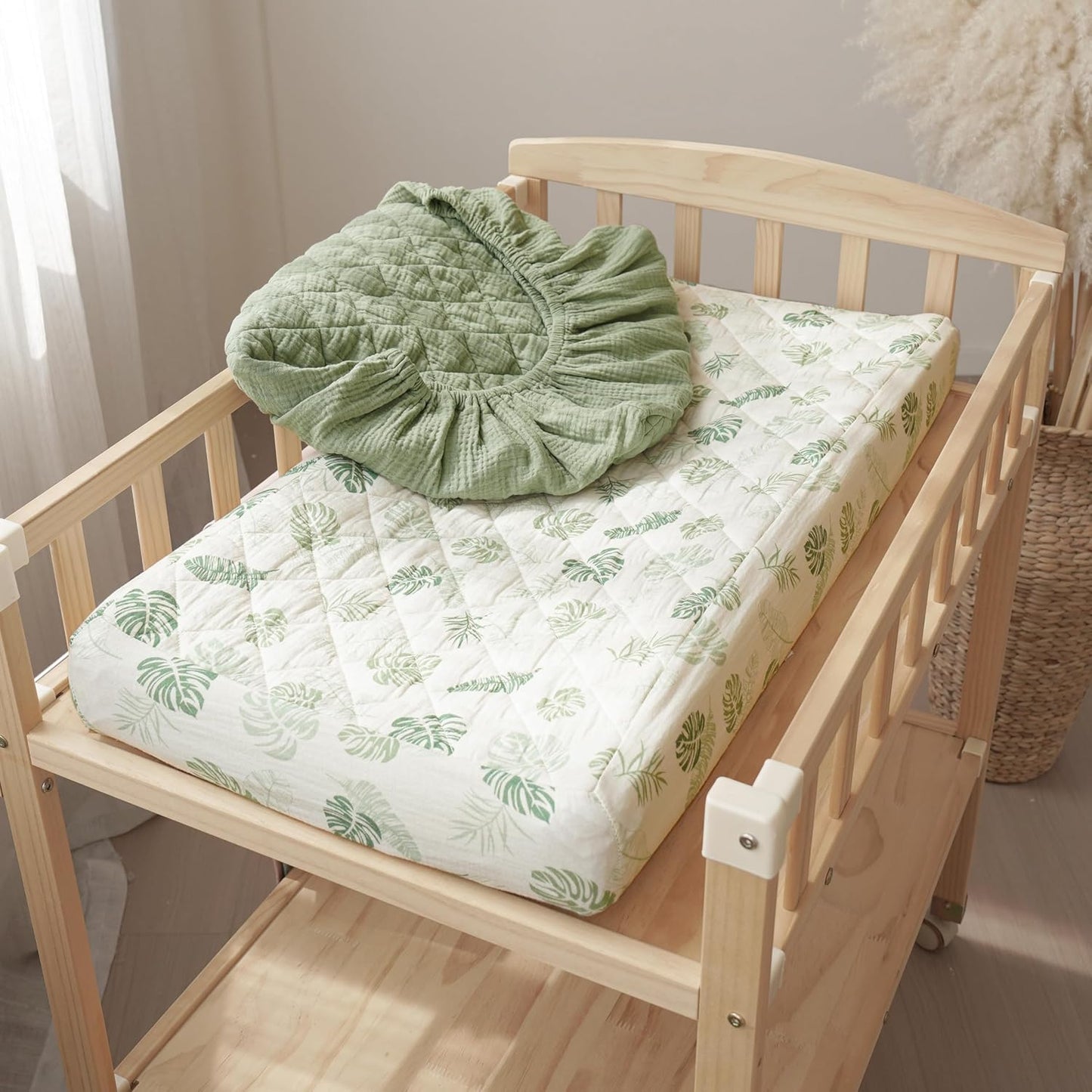 Konssy Waterproof Muslin Changing Pad Cover 2 Pack, Quilted Cotton Fitted Diaper Changing Table Cover, Soft Changing Pad Sheets for Girls Boys (Palm Paradise,Sage)