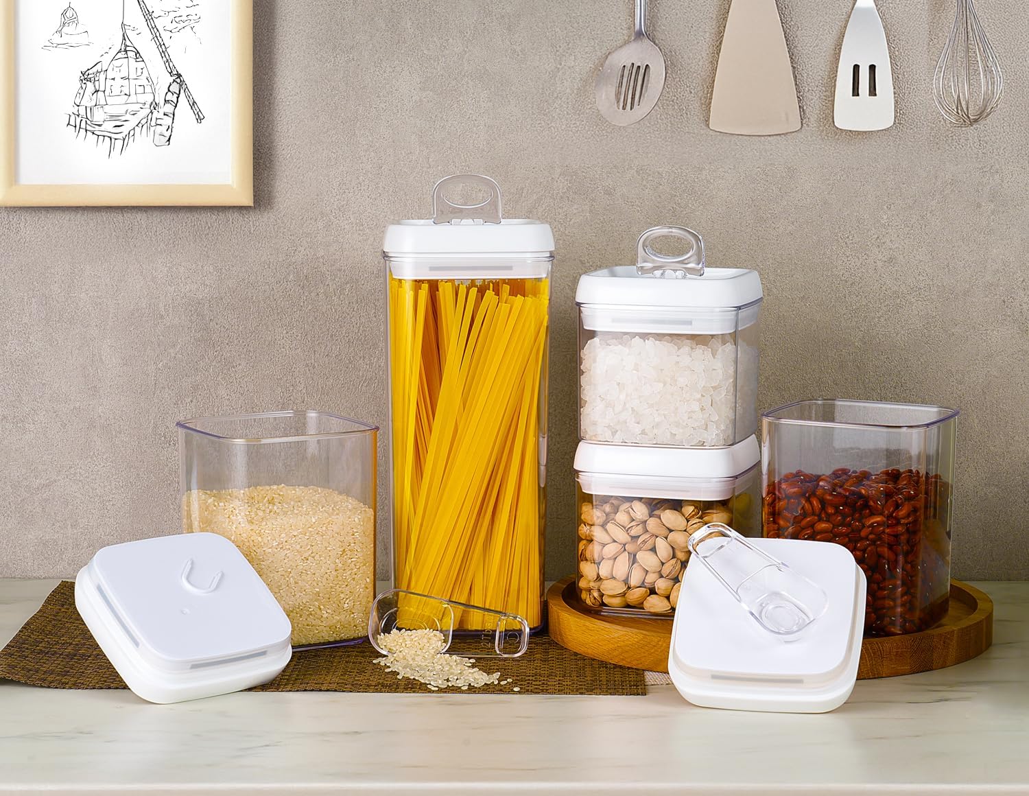 Felli Flip Tite Food Storage Container 5" LARGE 5pk Set + No Residue Label, Airtight Lid Easy Lock