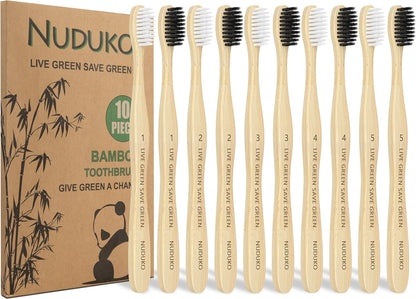 Bamboo Toothbrushes Soft Bristles, Biodegradable Eco-Friendly Toothbrush 10 Pack, BPA Free Charcoal