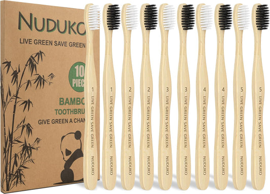 Bamboo Toothbrushes Soft Bristles, Biodegradable Eco-Friendly Toothbrush 10 Pack, BPA Free Charcoal