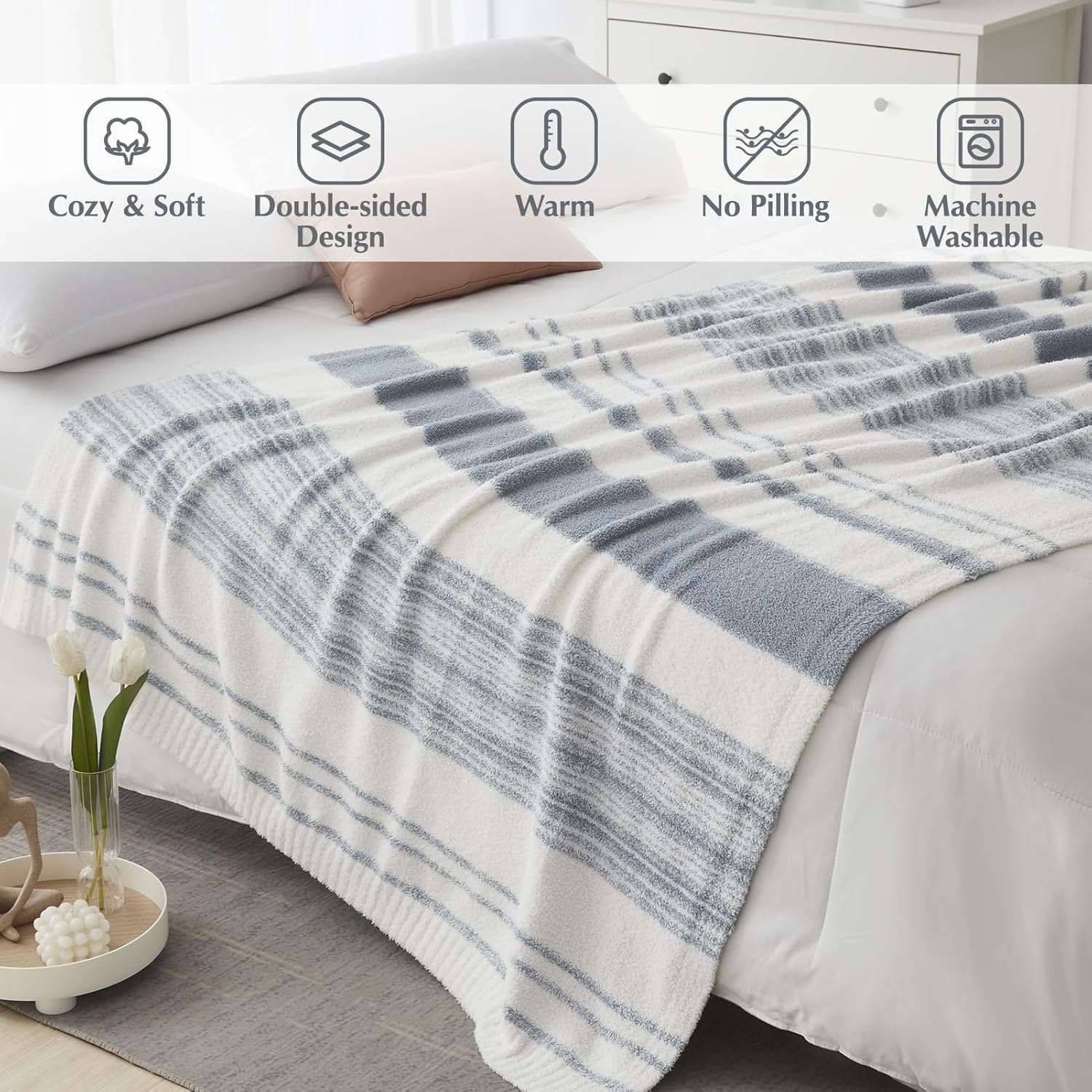 WRENGONGE Grey Blue Throw Blanket, 60x80 Soft Cozy Striped Throw Blankets for Couch, Sofa, Bed