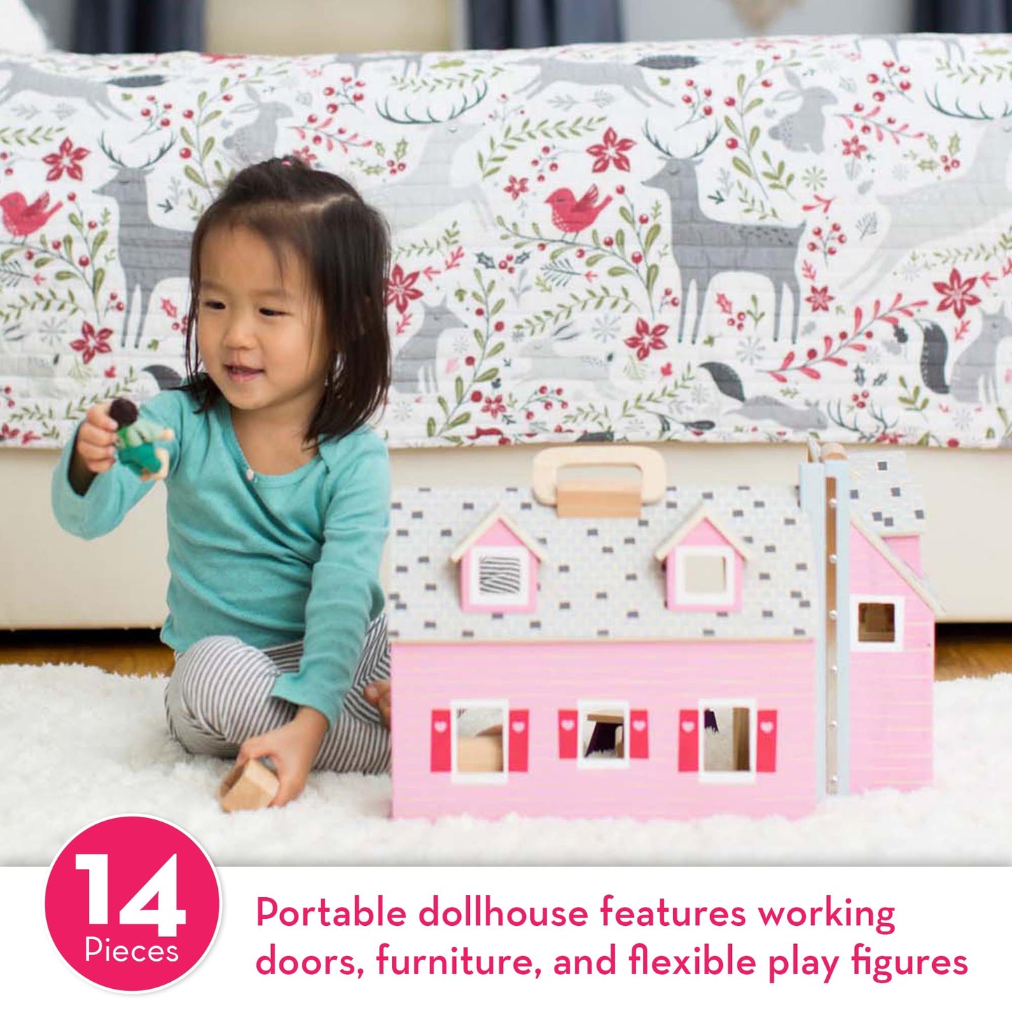 Melissa & Doug Fold & Go Wooden Dollhouse with 2 Dolls and 11 Pieces of Furniture - Portable Mini