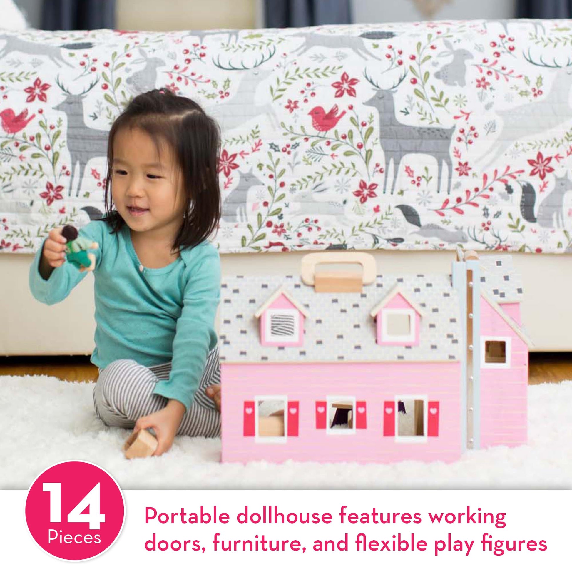 Melissa & Doug Fold & Go Wooden Dollhouse with 2 Dolls and 11 Pieces of Furniture - Portable Mini
