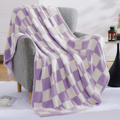 WRENSONGE Checkered Throw Blanket, Purple Soft Cozy Fluffy Warm Hand Made Throw Blankets for Couch