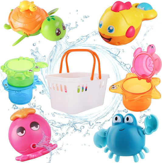 iPlay, iLearn Baby Bath Toys w/ Organizer, Water Squirting Octopus, Wind Up Swimming Turtle
