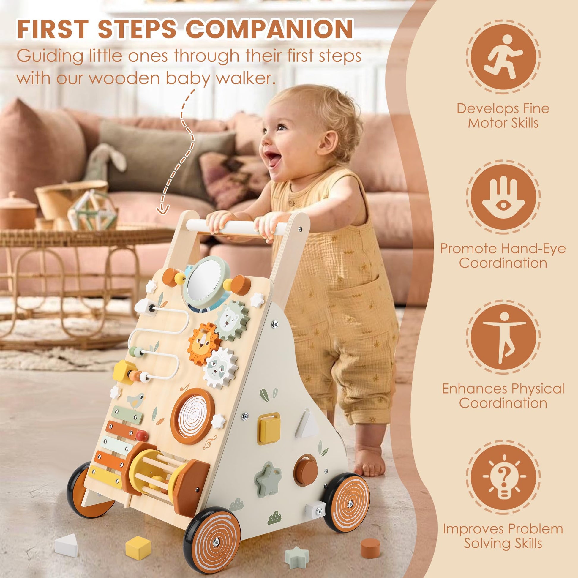 Pithfor Wooden Baby Walker, Baby Push Walker with Activity Center for Girls Boys, Montessori Push
