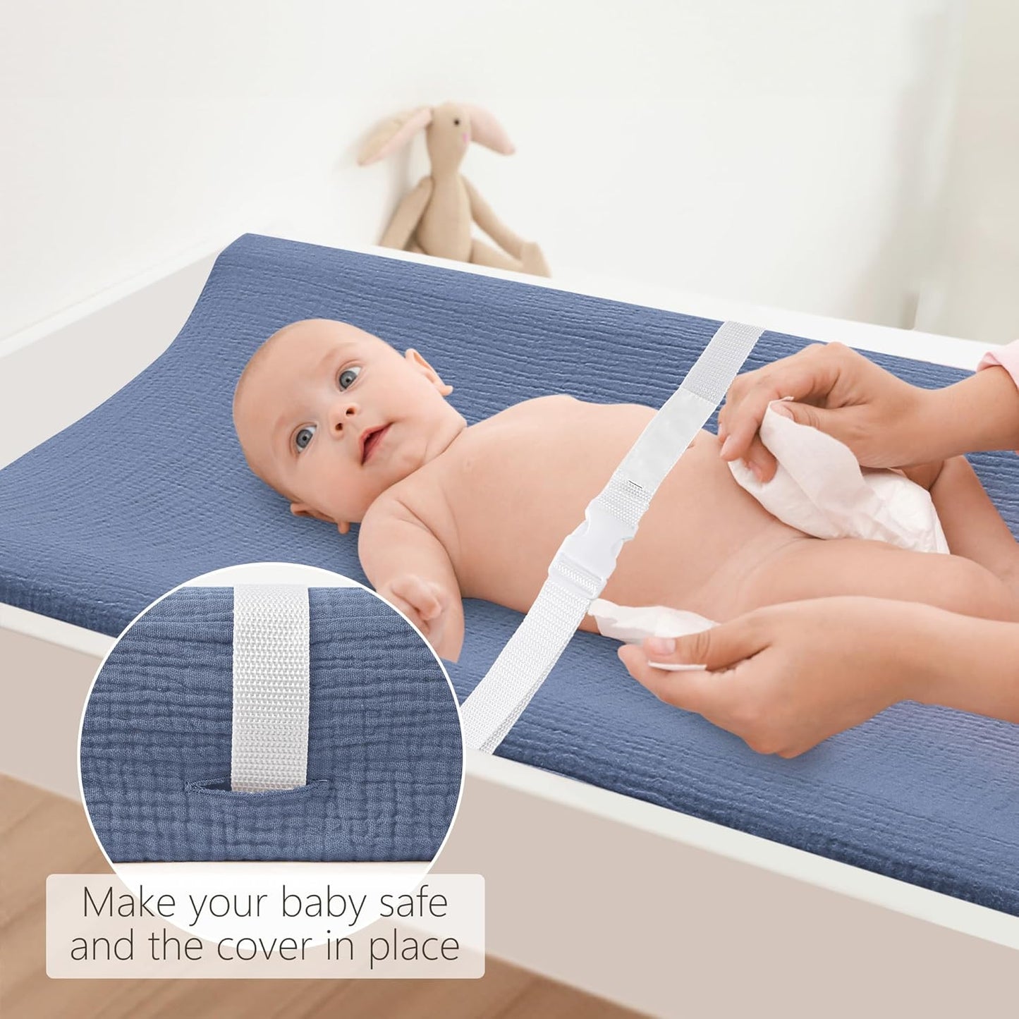 Bearmoss Changing Pad Cover, 2 Pack Muslin [100% Cotton] Diaper Changing Table Covers, 32'' x 16'' Soft Breathable Changing Pad Sheets for Unisex Baby Girls and Boys with Strap Holes (Bluemoon)