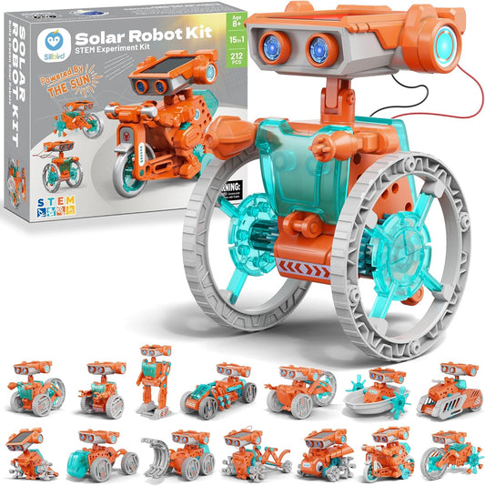 Sillbird Solar Robot Building Kit STEM Gift for Boys Aged 8-14, 15-in-1 DIY Science Educational Robotic Set, Solar or Battery Powered Toy for Kids Birthday with 212 Pieces