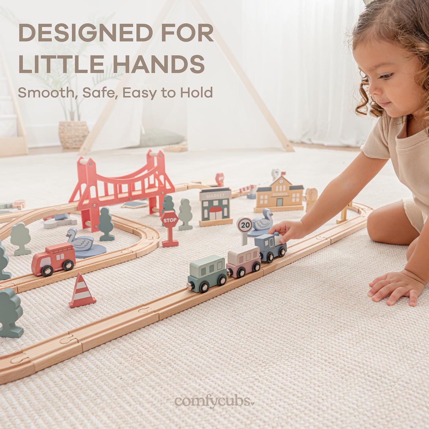 Comfy Cubs 100-Piece Wooden Train Set for Toddlers Ages 1+, Fun & Eco Friendly Toddler Train Set