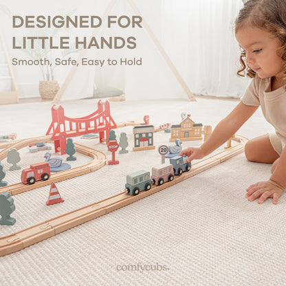 Comfy Cubs 100-Piece Wooden Train Set for Toddlers Ages 1+, Fun & Eco Friendly Toddler Train Set